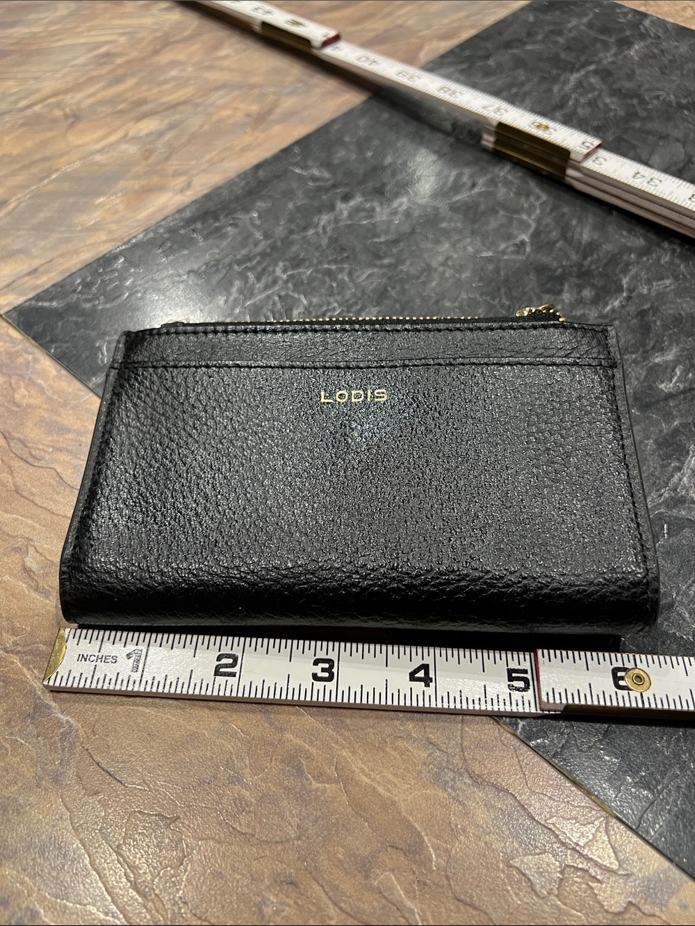 Lodis Black Pebble Leather RFID Zip Card Case with Gold Logo